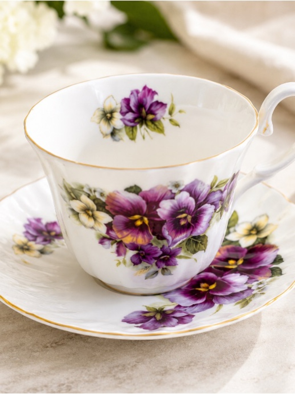 Vintage Fine Bone China Allyn NelsonTeacup and Saucer with Purple Floral Design